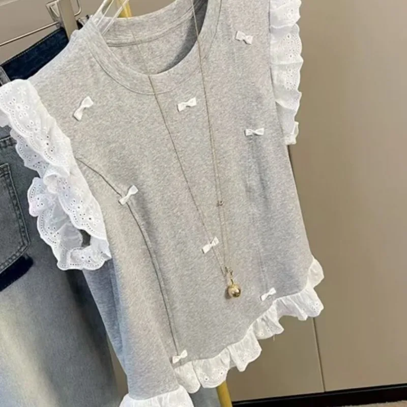 Femme Summer Fashion Slim Lace Solid Color O-neck Sleeveless Women Clothes Trend Fashionable Bow Knitting Top Appear Thin