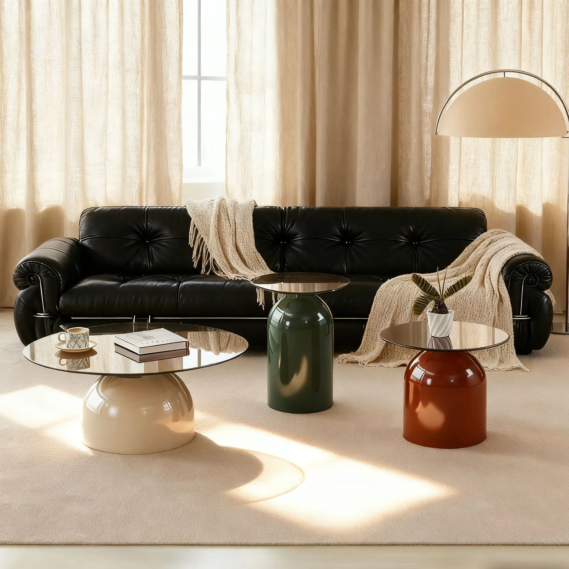 

French minimalist cream style creative glass coffee table household living room round coffee table combination