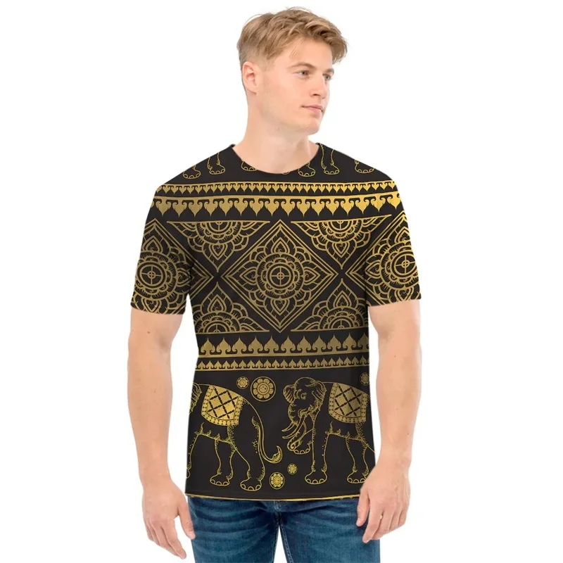 African Tribal Elephant Pattern Print T-shirt For Men Women Casual Crew Neck Oversized Tee Tops Mens Short Sleeve Tshirt Clothes