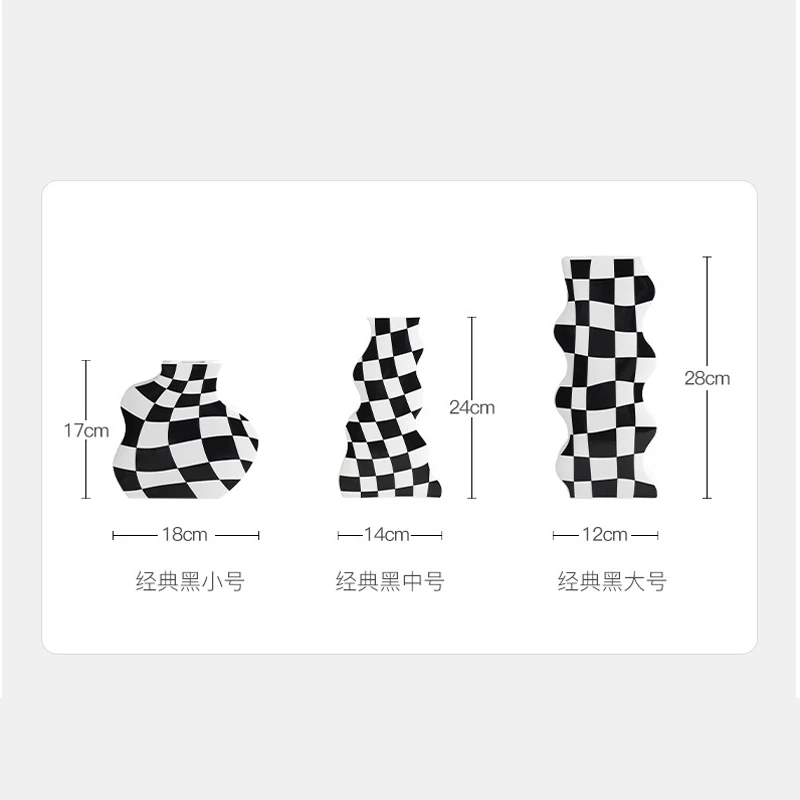 Black and White Ceramic Vase Decoration Checkerboard High Sense Dried Flower Vase Living Room Flower Arrangement Home Decoration