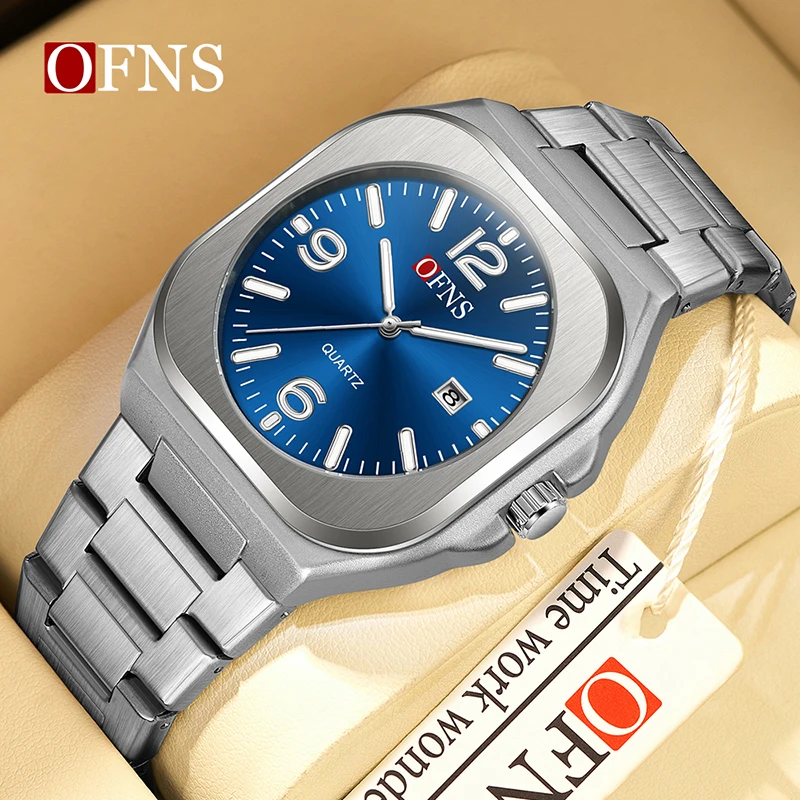 

OFNS 7271 Night Light Waterproof Quartz Watch Men's Simple Square Dial 3ATM Waterproof Single Calendar Display Steel Belt Style