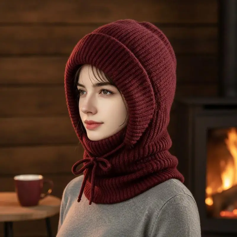 New Womens Winter Fleece Lined Knitted Hood Scarf Windproof Warm Adjustable Drawstring For Skiing Hiking Outdoor Use