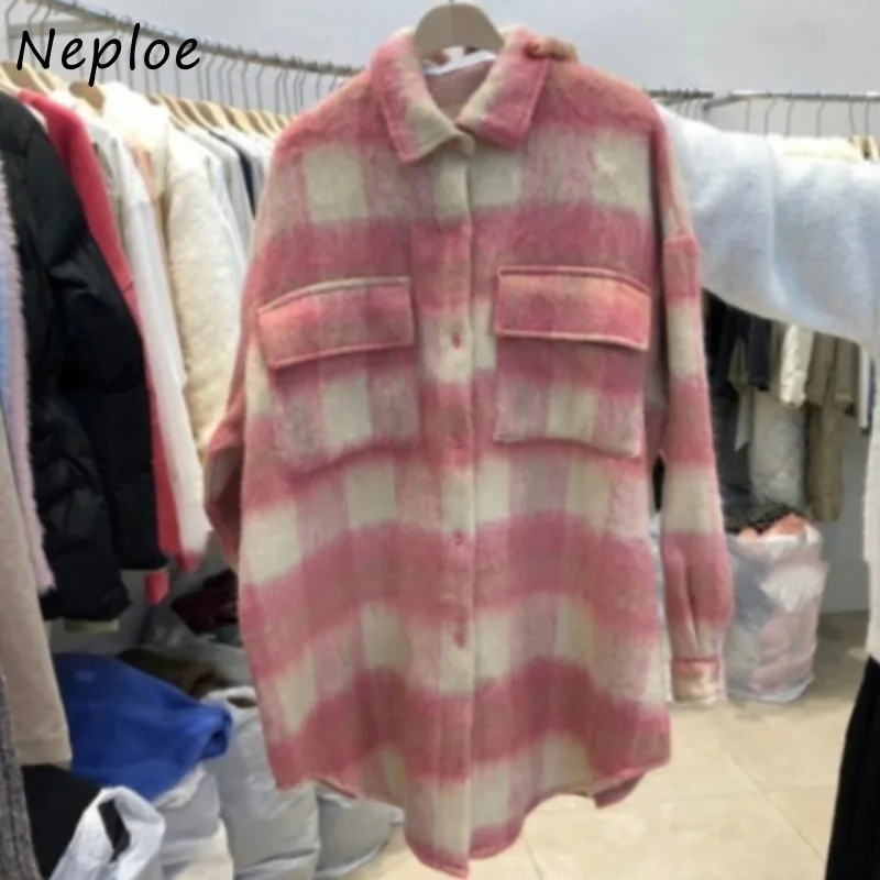 Neploe Sweet Vintage Plaid Lapel Neck Blouses 2024 Autumn New Double Pockets Shirts Women Y2k Mid-length Loose Blusas Mujer