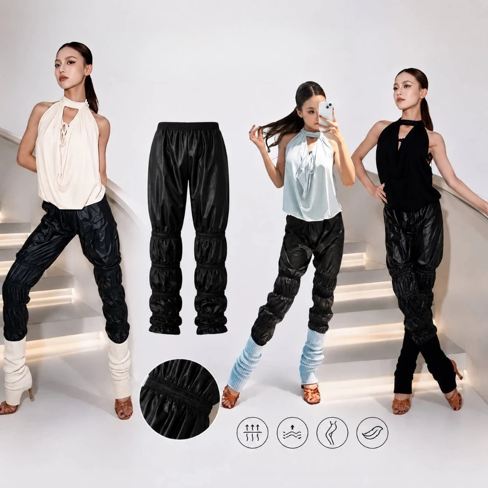 Balloom Modern Dance Top Women's Men's High Waist Performance Practice Suit Black Social Latin Dance Long Pants Yoga Sports Wear