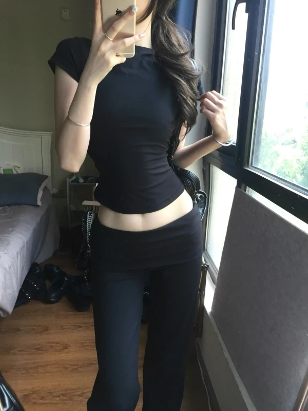 Yogabroek met verlengde lengte, lage taille, dames slim fit bell bot casual broek, uitlopende broek met hoge taille, Koreaanse stijl