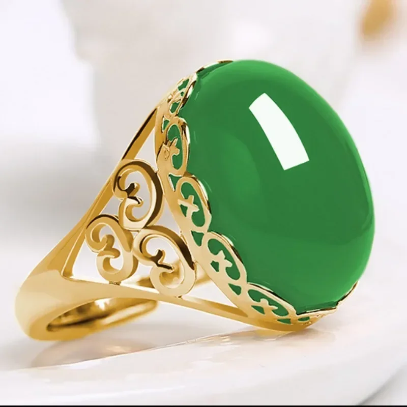 Unisex Rings Ethnic Style Imitation Green Chalcedony Rings for Women Temperament Imitation Agate Red Color Opening Ring Anillo