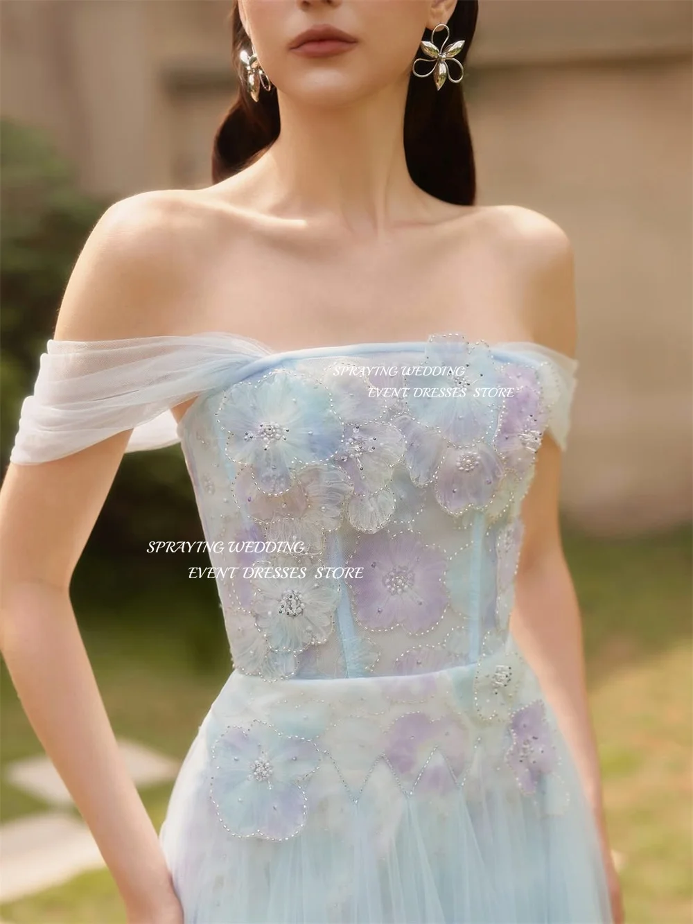 SPRAYING luxe Tulle dentelle robe de soirée bleu bretelles robe de soirée formelle une ligne cheville longueur dubaï arabe robe de bal personnalisé