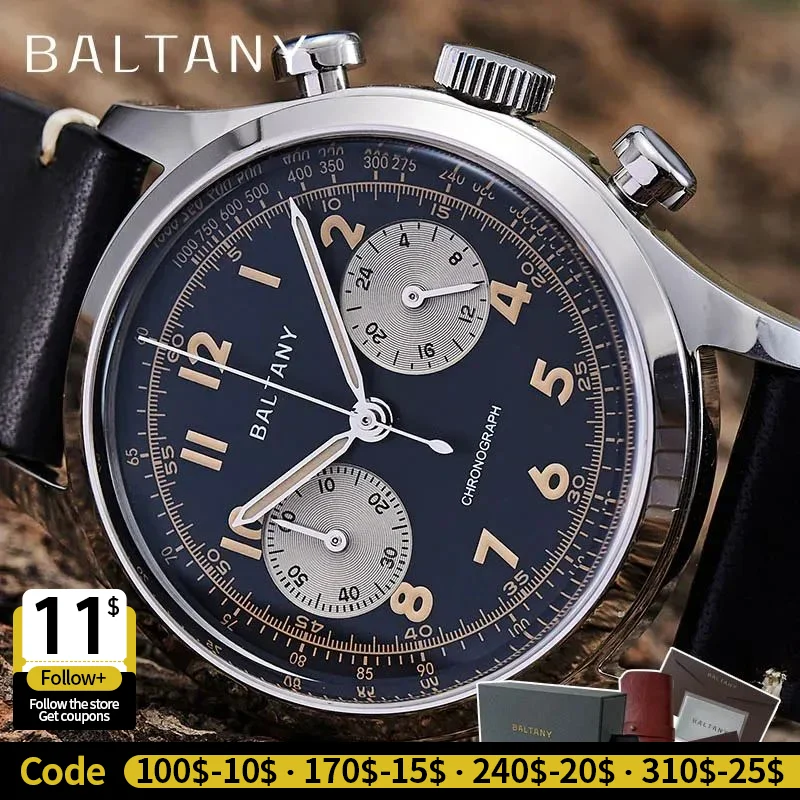 Baltany S5034 39 mm Chronographenuhr Mann Saphirglas Panda Zifferblatt Edelstahl Super leuchtende Vintage Quarz-Armbanduhren