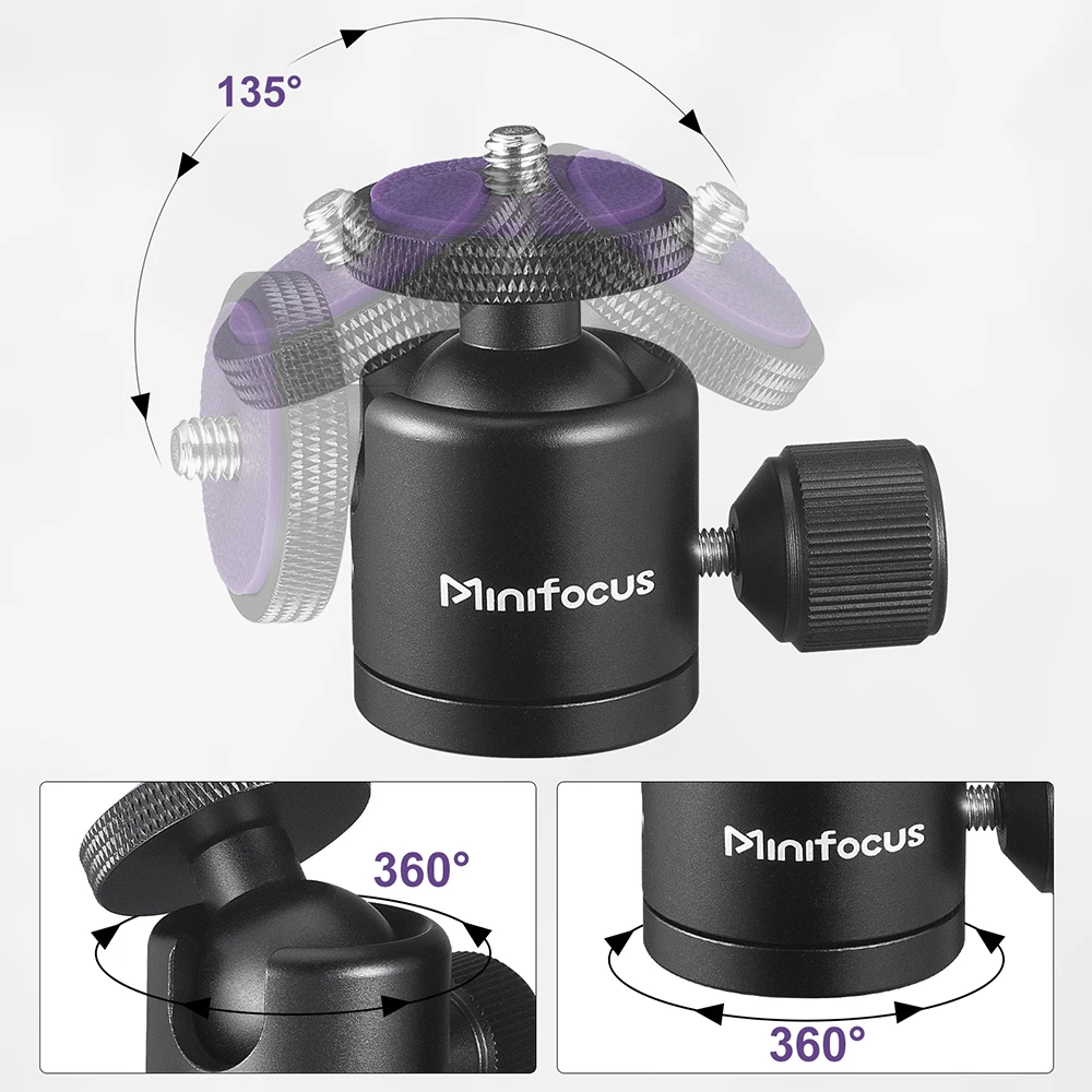 Mini rotule 1/4'' Vis 360 °   Support de tête de trépied rotatif pour appareil photo DSLR sans miroir, trépied lumineux monopode, projecteur coulissant DV