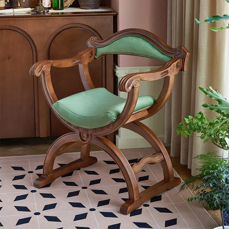 HHSofa Chair French Retro Engraved Antique Chair Solid Wood Living Room American Furniture Olive Green