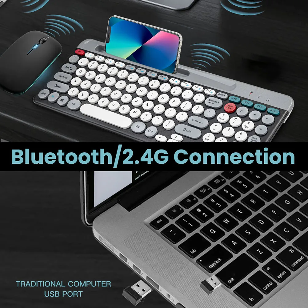 

2.4Ghz BT 2 Mode Keyboard and Mouse Combo with Phone Holder BT Keyboard and Mouse BT Keyboard Mouse Set for /iOS/Android/Win7
