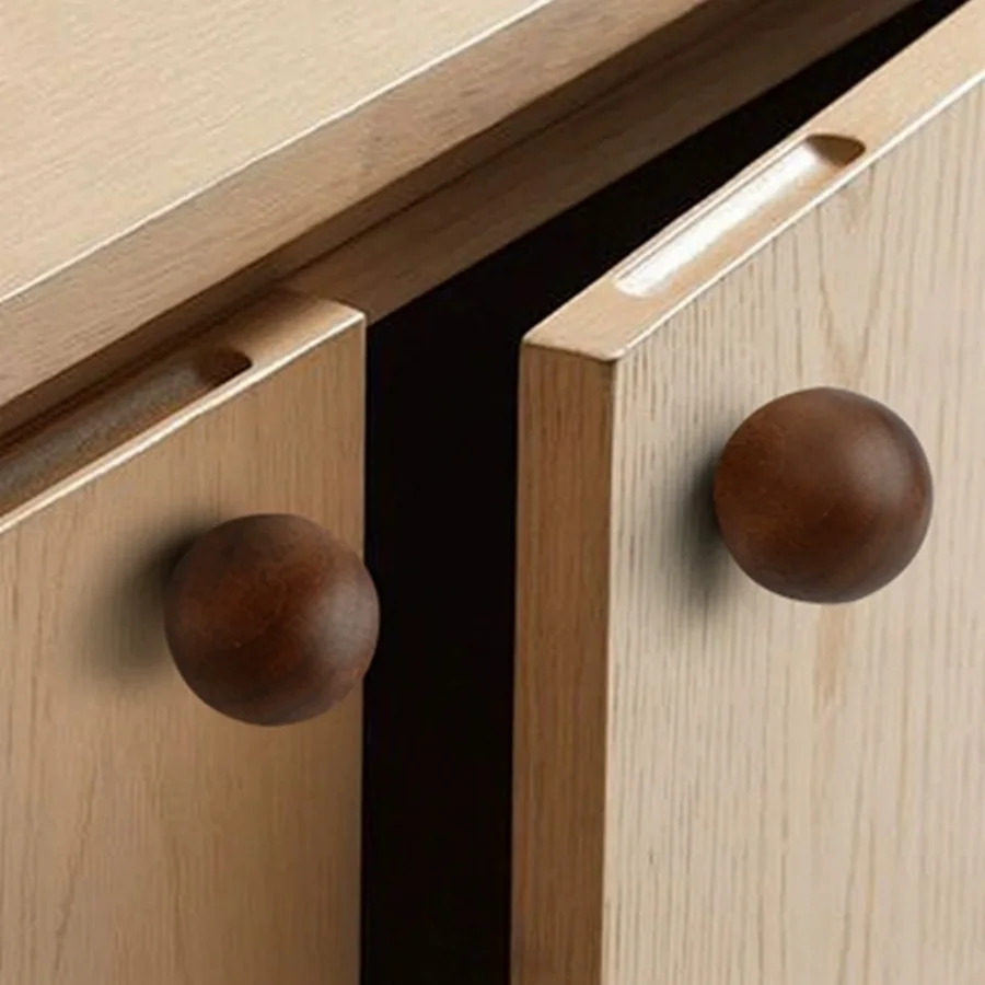 Retro Wooden Door Handles Ball Drawer Pulls Walnut Furniture Handles Cabinet Drawer Single-Hole Knobs Decorate Hardware