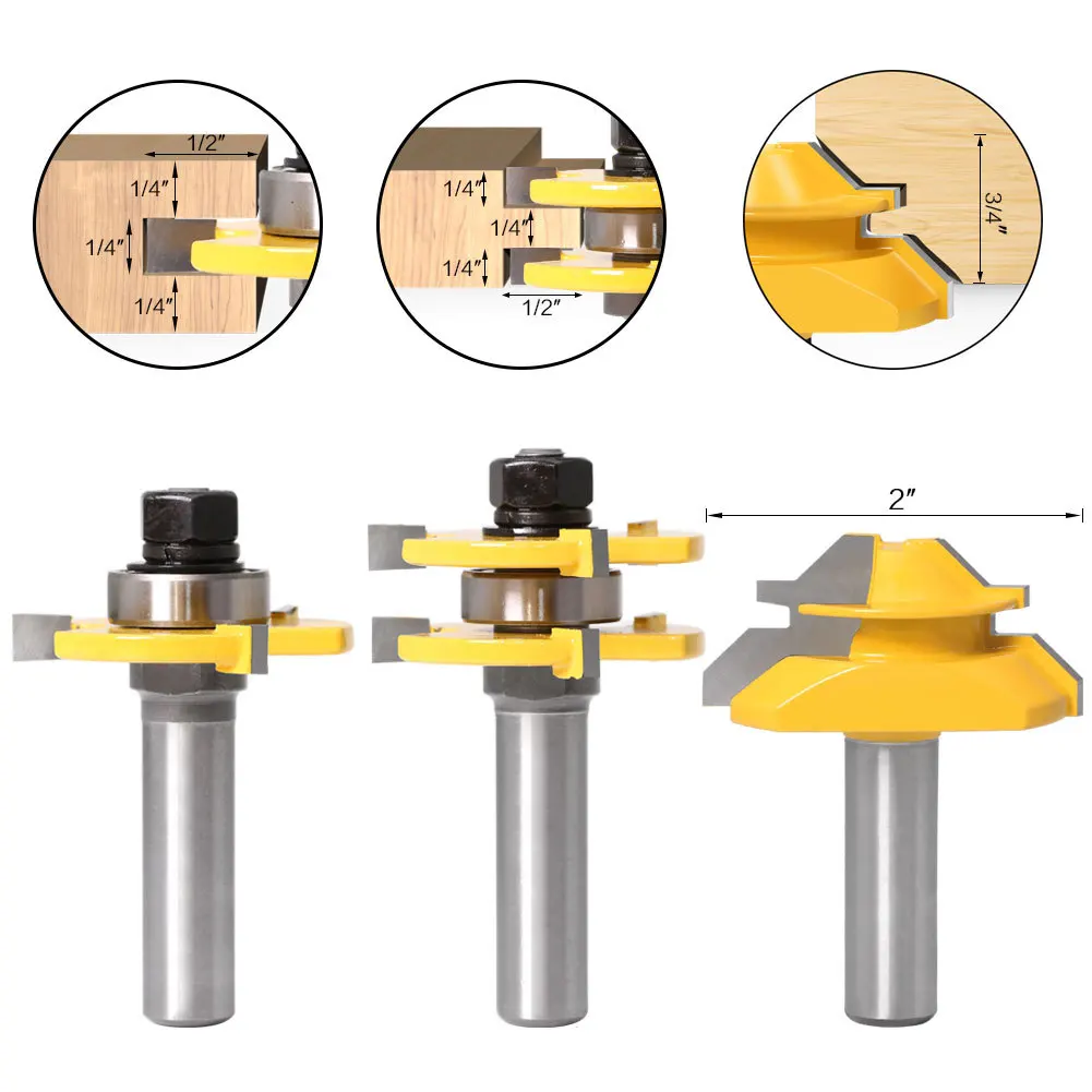 3PC/Set 1/2" 12.7MM 12MM Shank Milling Cutter Wood Carving Tongue and Groove Router Bit Tool Set 45 Degree Lock Miter Router Bit