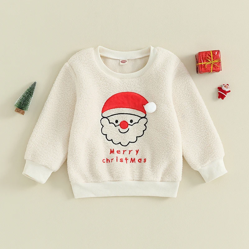 Toddler Kid Christmas Sweatshirts Long Sleeve Santa Embroidery Fleece Pullover Tops Xmas Baby Boy Girl Winter Fall Clothes