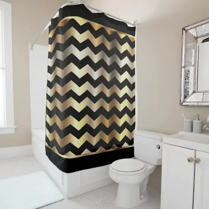 Elegant black and gold leaf seamless pattern chevron striped shower curtain bathroom curtain with hook bathroom curtains l220cm