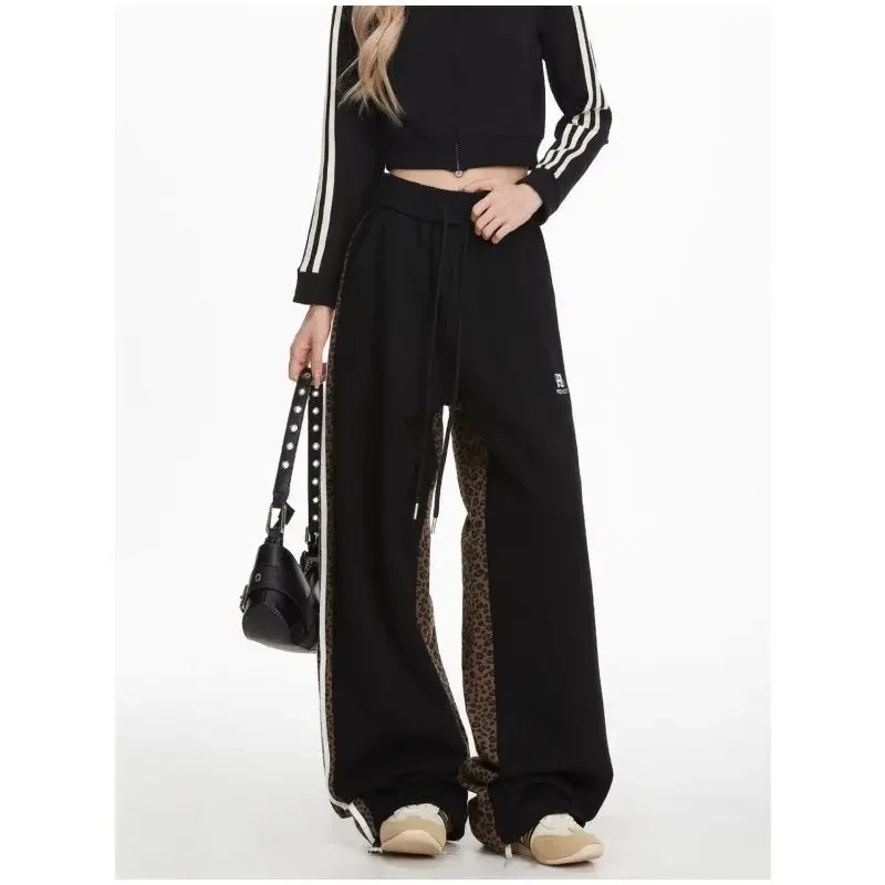 

Leopard Print Patchwork Thick Sweatpants For Women, American Retro Hip-Hop Loose Fit Brand Striped Sports Casual Pants