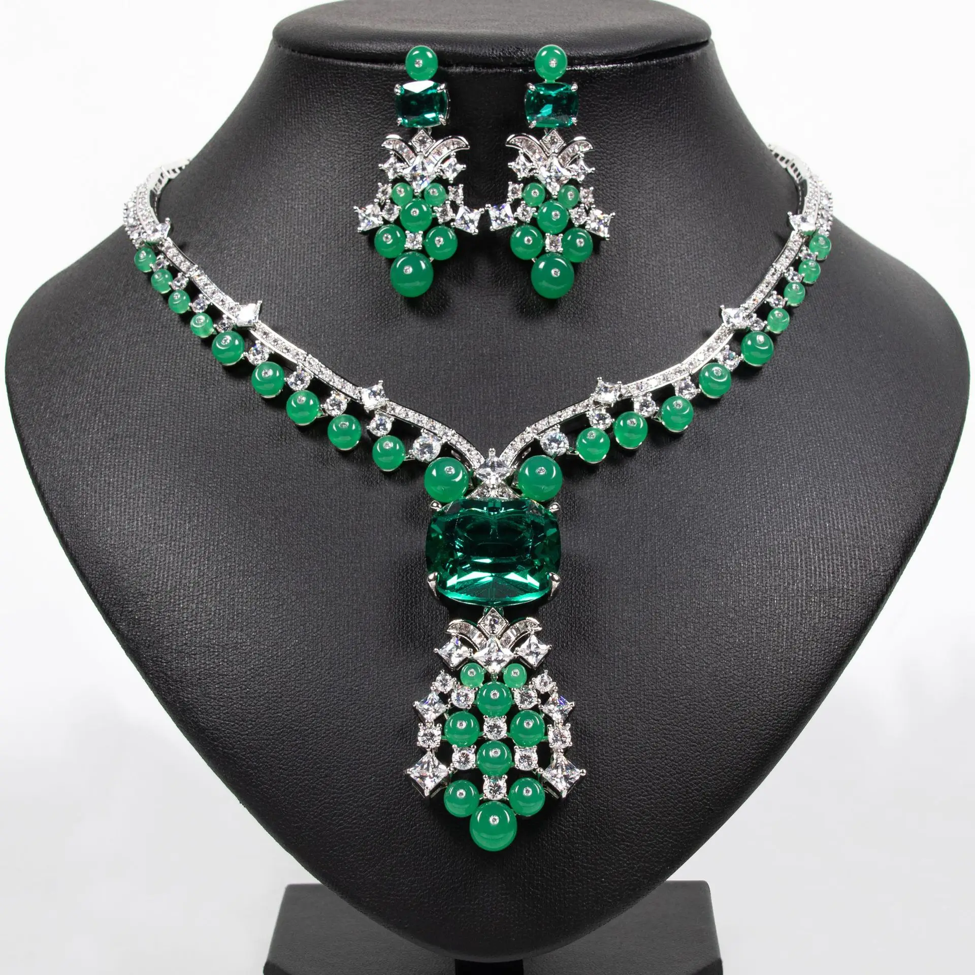 

Luxury Full Zircon Crystal Agate Glass Bead Jewelry Set for Women Ruby Red Necklace Earrings Banquet Bride Wedding Premium Jewel