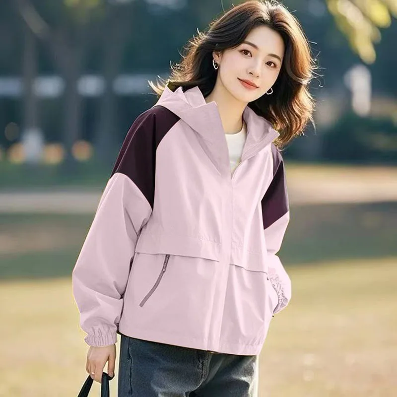 2026 New Women's Color Block Hooded Windbreaker Jacket Casual Short Outdoor Coat