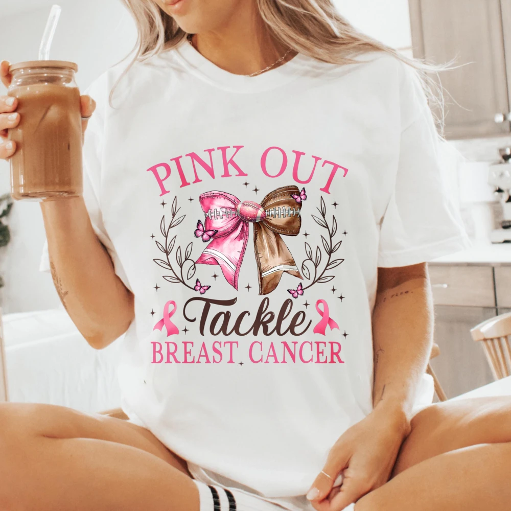 Pink Out Tackle Breast Cancer Tshirt Football Coquette Bow Shirt Cancer Awareness Tee Pink Out Fight Breast Cancer Cotton Tops