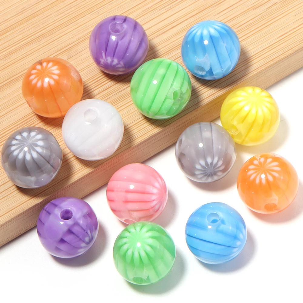 10pcs 16mm Candy Color Round Striped Resin Beads Watermelon Loose Spacer Beads For Jewelry Making DIY Keychain Bracelet Supplies