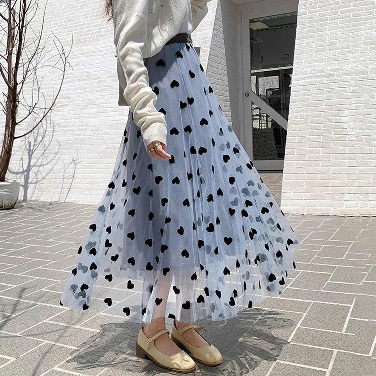 

Women Tulle Long Skirt 2024 Spring Summer Korean Sweet Heart Flocking Elegant Mesh A Line High Waist Midi Skirt Female