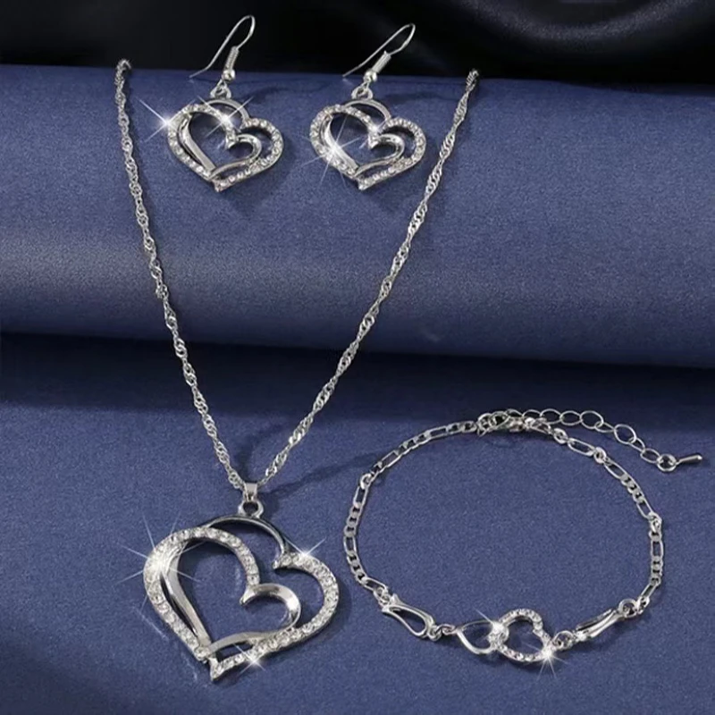 Trendy Double Heart Set of Four Necklace Earrings Bracelet Heart Wedding Party Gathering Versatile Jewelry Gift