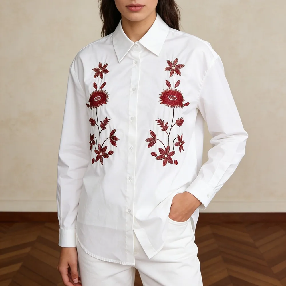 Twotwinstyle sólido emendado bordado básico camisa feminina lapela manga longa solta streetwear camisas femininas outono moda nova