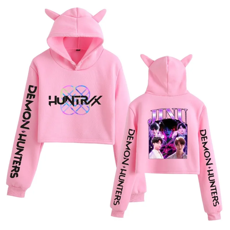 

KPop Demon Hunters Cat Ears Cropped Hoodie Long Sleeve Cartoon Mira Rumi Zoey Printing Sweatshirt Crop Top Women's Hoodies