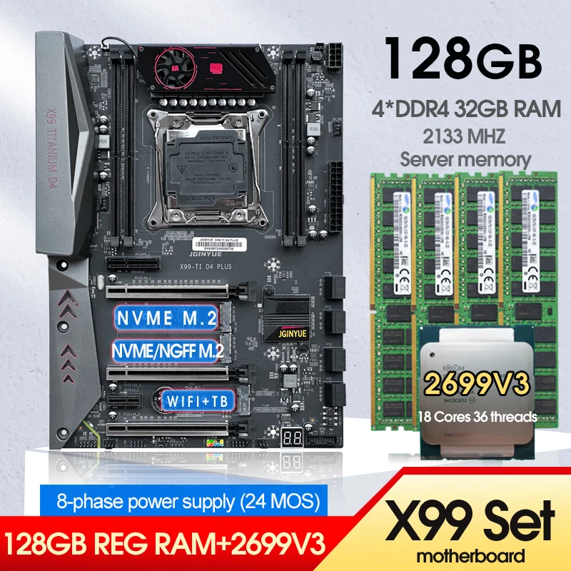 X99 Motherboard Combo Xeon E5 2699 V3 CPU Kit LGA 2011-3 4*32GB=128GB DDR4 RAM Memory Support NVME M.2 USB 3.0 TITANIUM D4