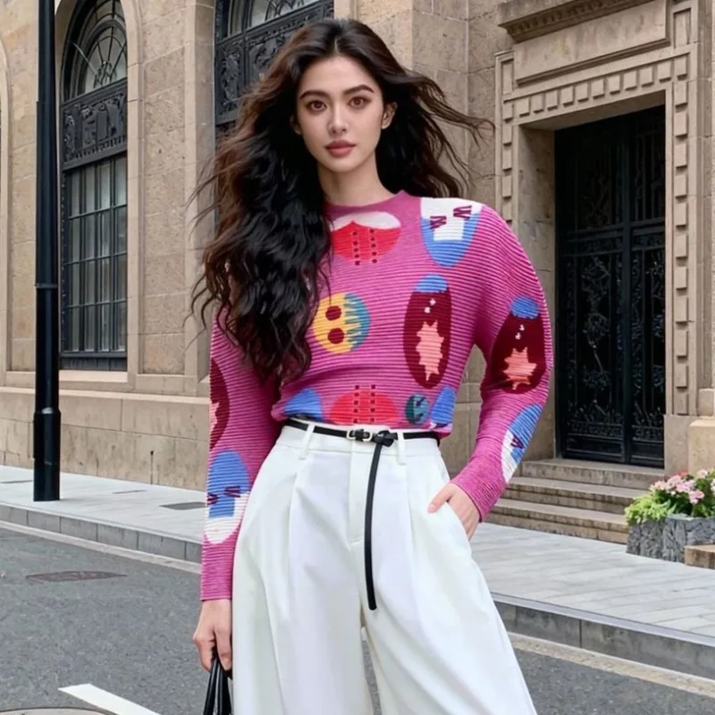 

2026 New Women's Pleated T-shirt Miyake Japanese Pleat Stretch Bottoming Shirt Printed Half-high Neck Casual Lightweight Tops