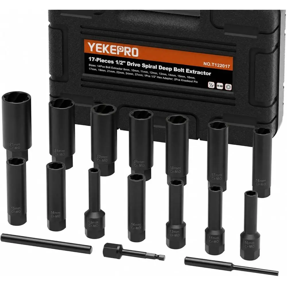 

17-Piece 1/2 Drive Deep Bolt Extractor Kit for Removing Damaged, Frozen, Rusted, and Stripped Bolts, Nuts, and Screws