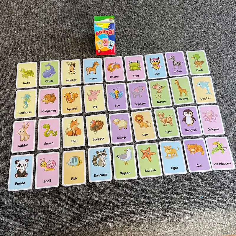 Tarjeta cognitiva en inglés para bebé, juguete educativo con forma de Animal, fruta, Color, 36 tarjetas por caja