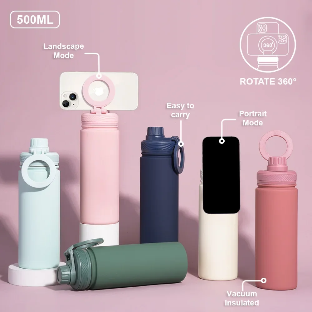 500ML Thermos Cup,Cellphone Magnetic Stand,Double Stainless Steel,Portable Handle,Protect Insulation And Cold,Sport Water Bottle