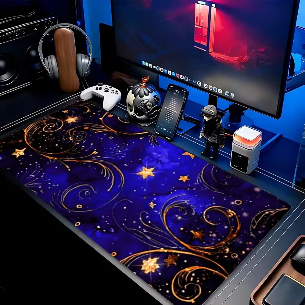 Alfombrilla de Ratón XXL Grande para Juegos, Diseño de Constelación de Estrellas Doradas, Luna y Galaxia, Alfombrilla de Escritorio Antideslizante de Goma para Teclado y Ratón de Computadora