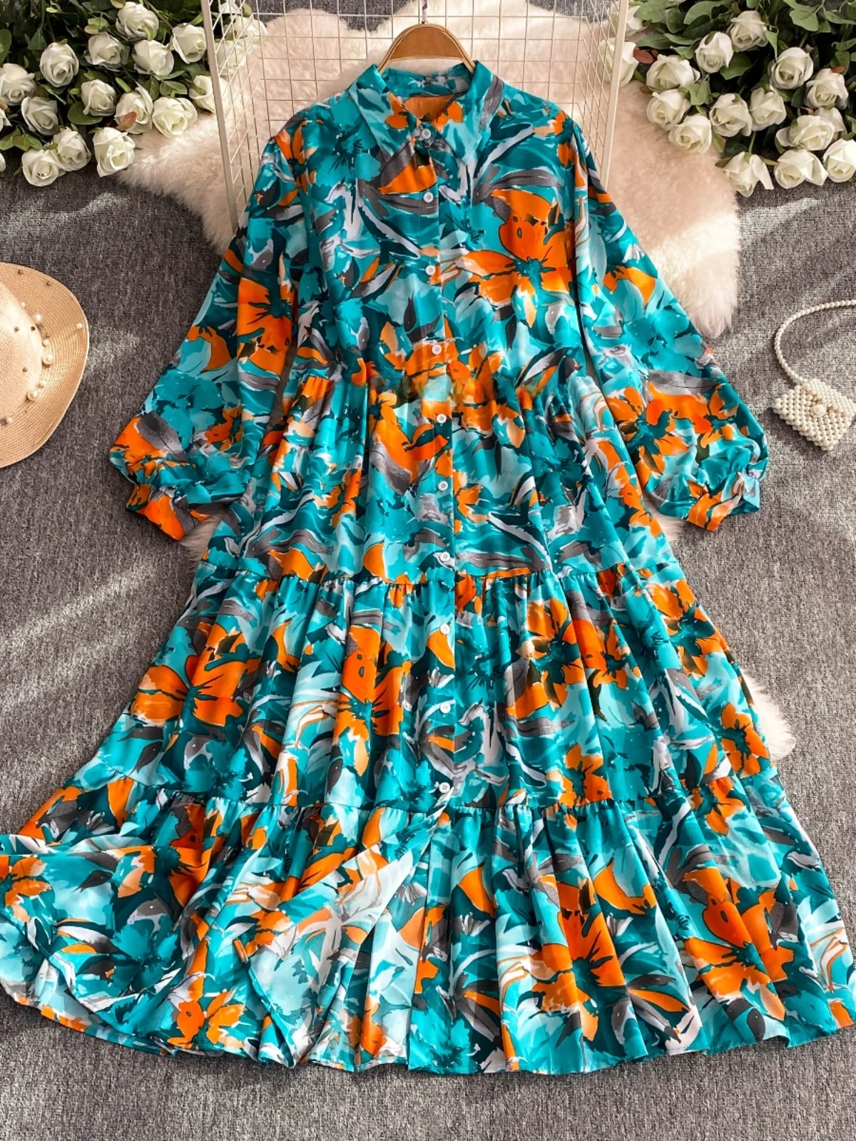 กระโปรงยาวลายดอกไม้สไตล์เกาหลี แขนยาว กระโปรงยาวปานกลาง แฟชั่นผู้หญิง สไตล์ลำลอง กระดุมตกแต่ง เอวหลวม