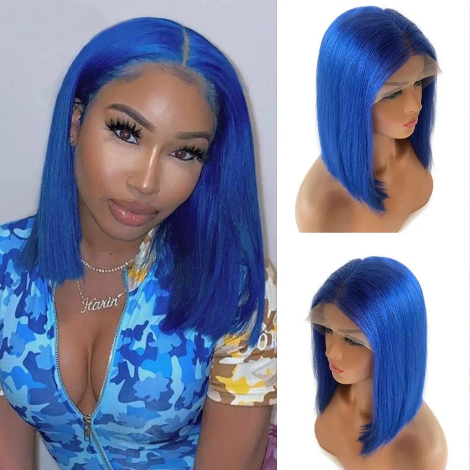 Wig Bob renda pendek lurus warna biru Wig depan 13X4 renda depan rambut manusia Bob Wig Bob renda transparan untuk Wig renda manusia