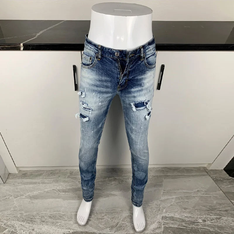 

Street Fashion Men Jeans High Quality Retro Washed Blue Stretch Slim Fit Ripped Jeans Men Brand Designer Vintage Denim Pants