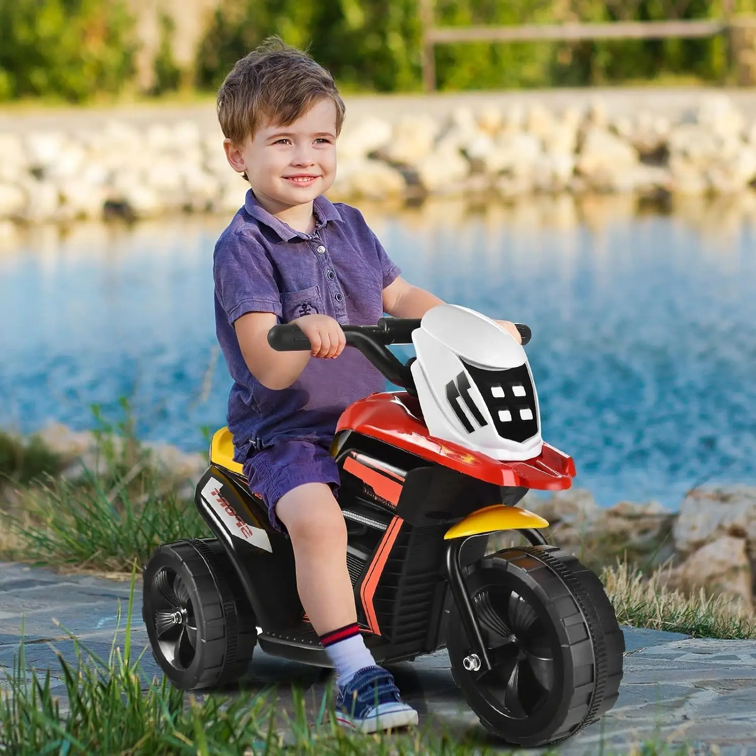 Moto de 6 V, motor eléctrico para niños con pedal, música, bocina, avance/trasero, triciclo de juguete con batería de 3 ruedas
