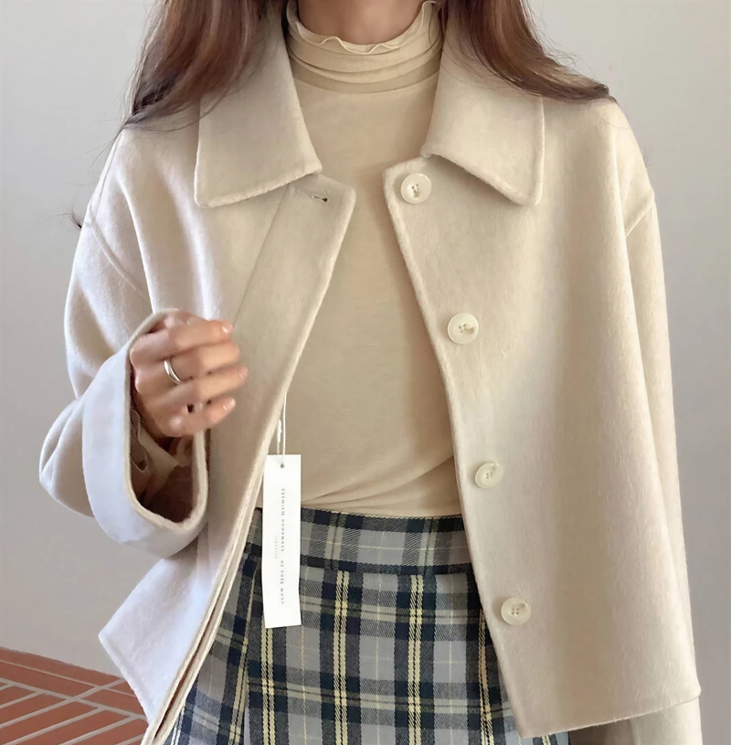 

Wool Blend Coats Womens Woolen Coat Red Winter Cashmere Double-Breasted Stand-Up Collar Mature Elegant French Style Office Lady