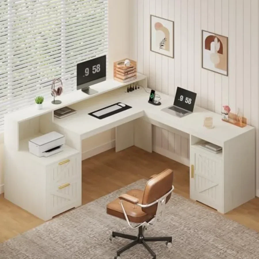 Farmhouse L-shaped desk for home office use, made of engineered wood in white finish, featuring spacious drawers and dedicated