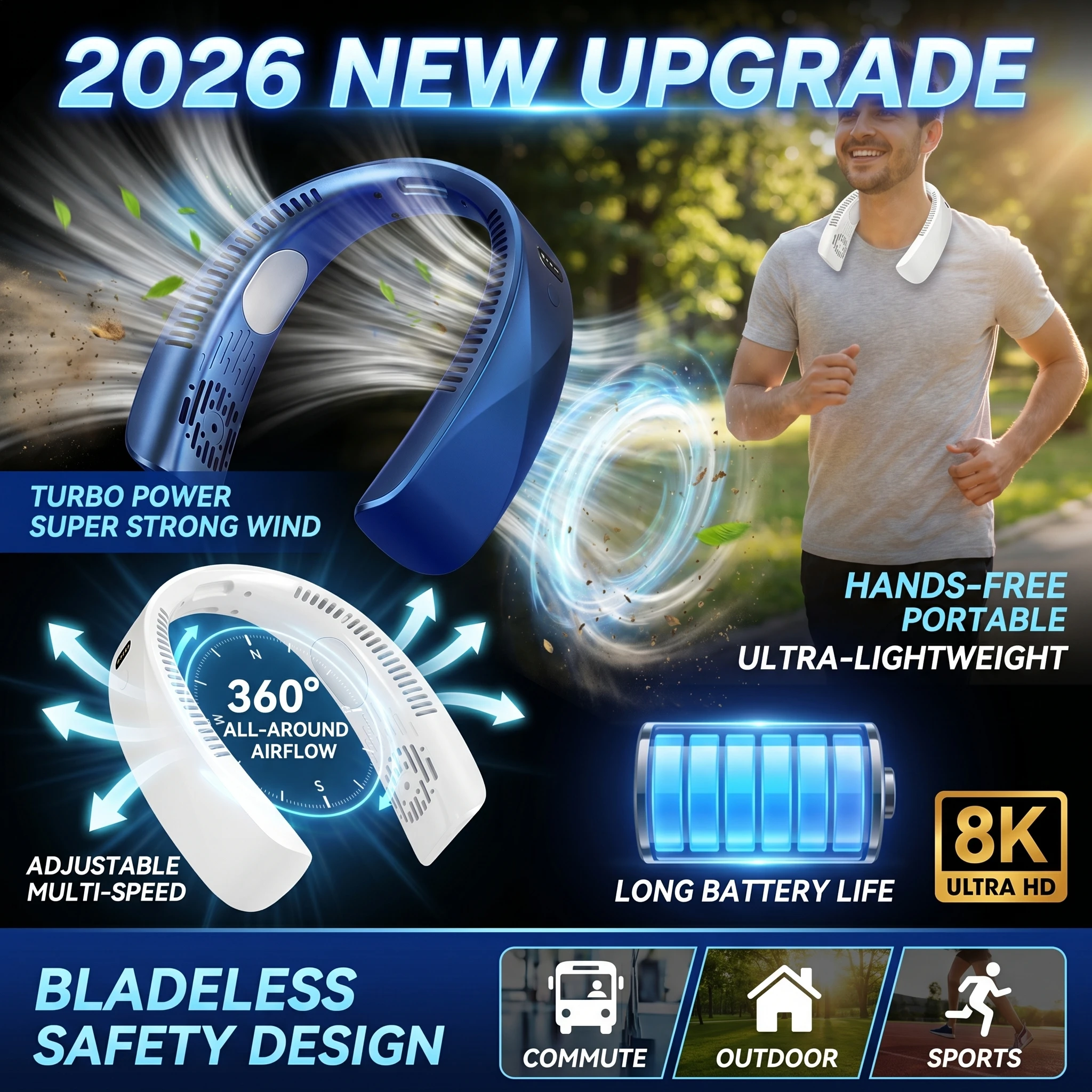 

2026 New Upgrade Portable Usb Rechargeable Lazy Portable Small Fan Portable Bladeless Neck Fan Sports Office Fan
