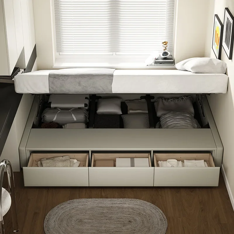 No bedside modern simple box storage bed with drawer row skeleton bed frame tatami cream wind leather art bed