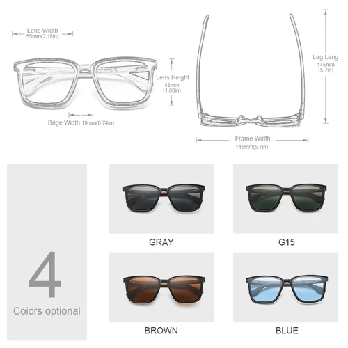 Imagen 2 del producto Hu Wood Square hombres mujeres gafas de sol polarizadas gafas de sol lentes azules patas de madera tonos Uv400 GR8052