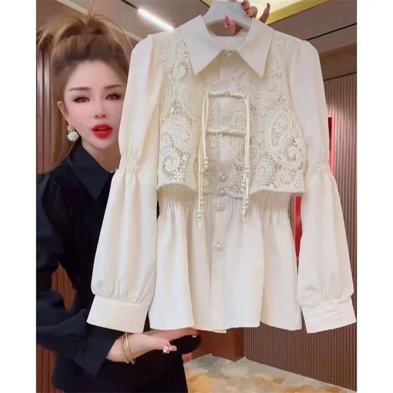 

Женская кружевная куртка с откидным воротником в стиле ретро, весенне-осенняя женская верхняя одежда с резной пряжкой, женское однотонное пальто большого размера 4XL