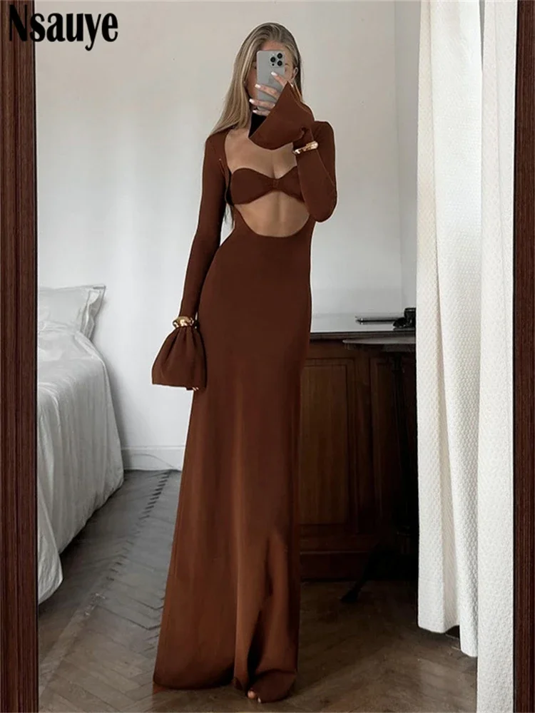 Nsauye Sexy Hollow Out Long Flare Sleeve Wrap Long Dresses Club Party Evening Women Elegant Maxi Dress Night Club Winter 2023