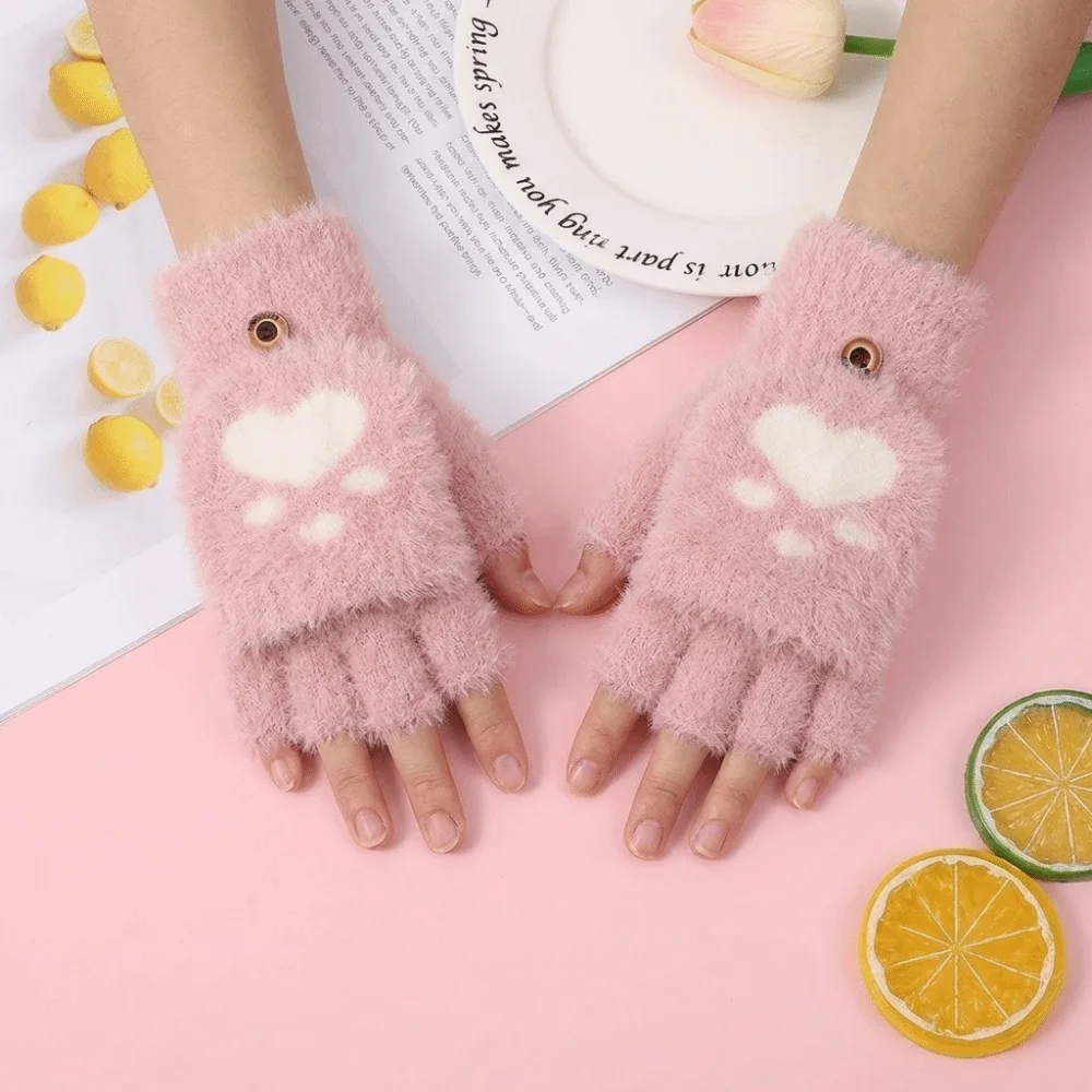 Soft Cat Paw Gloves Thicken Flip Up and Down Half Finger Gloves Touch Screen Short Fingerless Warm Plush Mittens Winter Season