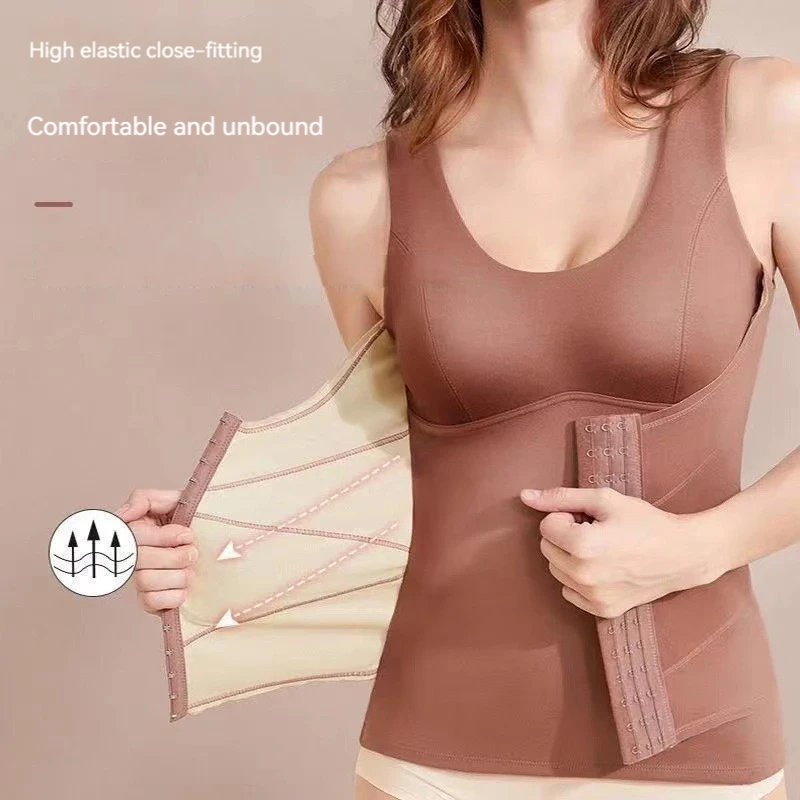 Top cálido de terciopelo alemán para mujer, camiseta sin mangas inferior con almohadillas en el pecho, hebilla y ropa interior moldeadora de cuerpo,