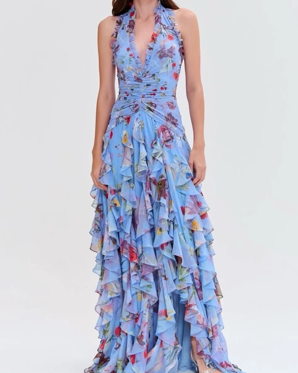 

2025 spring and summer new backless stand collar retro blue printed layered ruffle cake skirt long dress-GZXX123