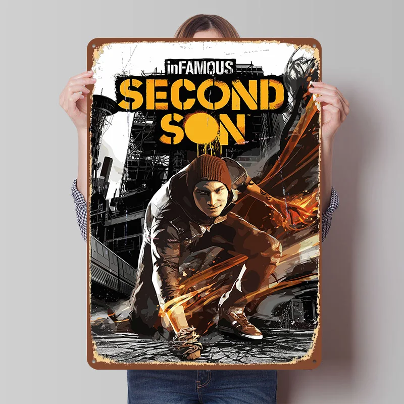 Póster Impreso con el Arte de la Portada del Juego Infamous Second Son, Arte de Pared Retro Personalizado, Letreros Metálicos Vintage para Decoración del Hogar