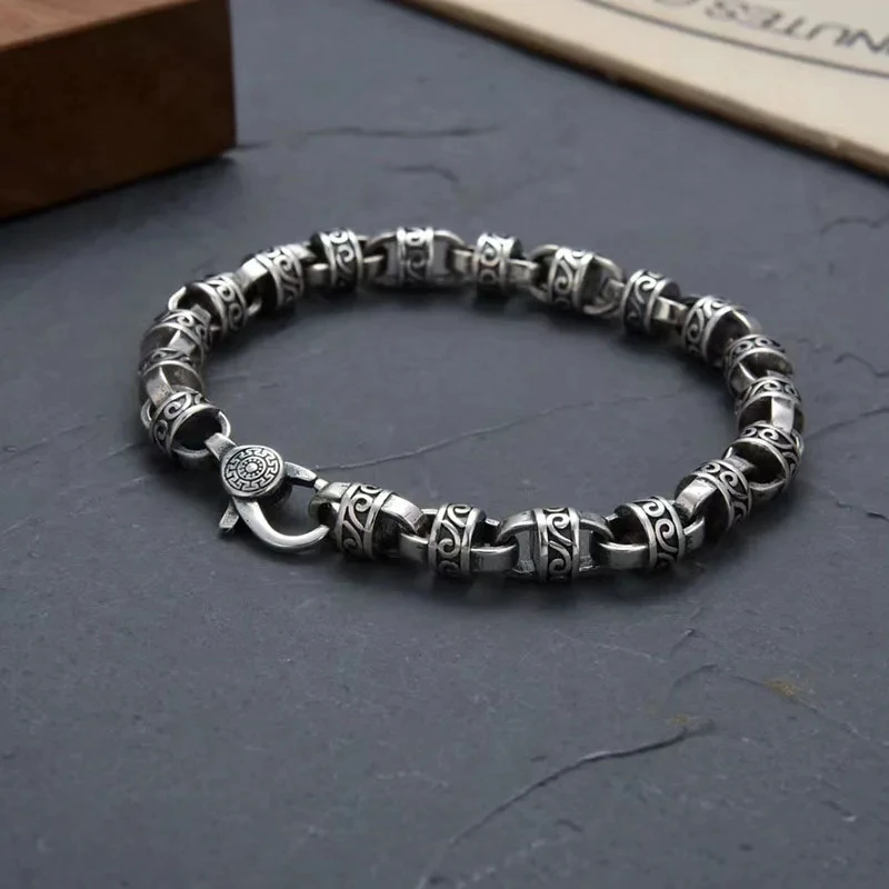 S925 Sterling Silver 7mm Chinese Style Retro Tang Grass Pattern Eternal Vine Bracelet Men's Personalized Luxury Jewelry Gift